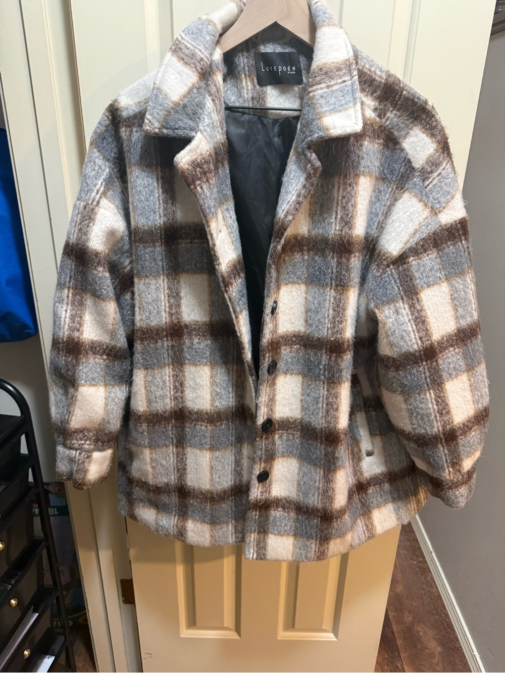 Loeffler Randall Plaid Wool-Blend Jacket in Cream & Brown